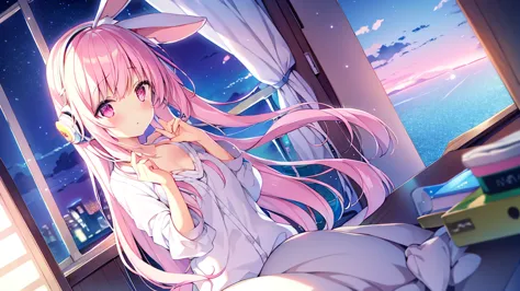 Highest quality, pretty girl, pastel colour, Fluffy bunny ears, Pink long hair,Pale pink eyes,You can see the starry sky from th...