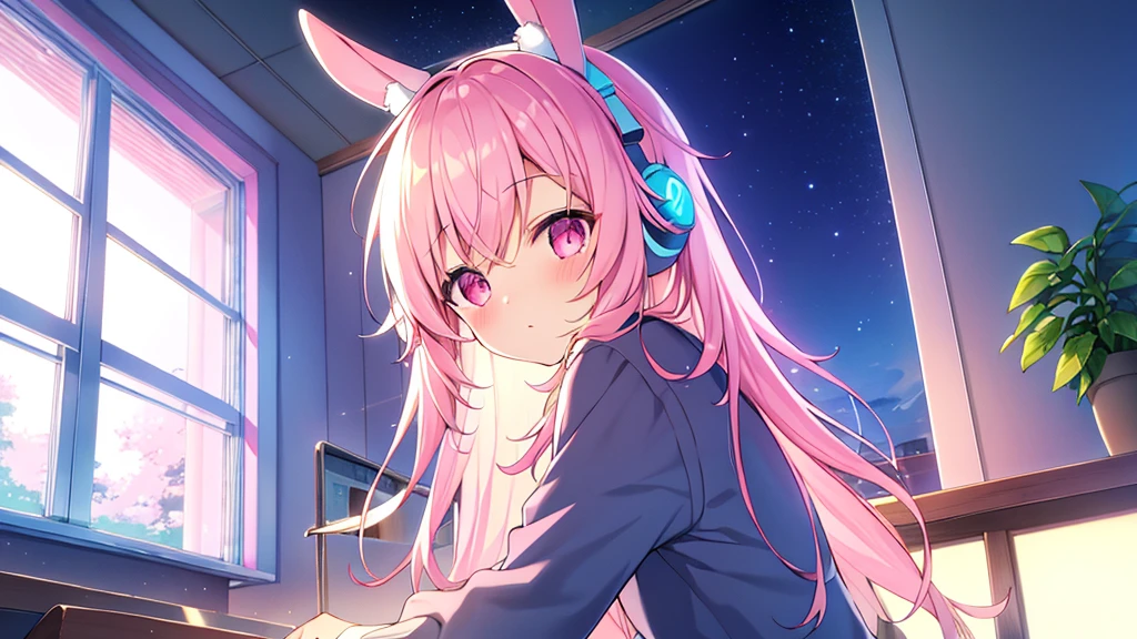 Highest quality, pretty girl, pastel colour, Fluffy bunny ears, Pink long hair,Pale pink eyes,You can see the starry sky from the window,Chill Pop,Lo-Fi,Wearing pink headphones