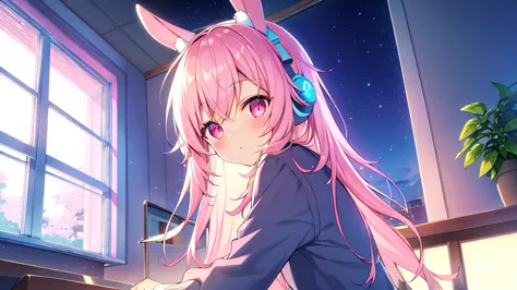 Highest quality, pretty girl, pastel colour, Fluffy bunny ears, Pink long hair,Pale pink eyes,You can see the starry sky from th...