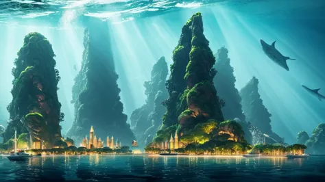 "A high-resolution, realistic, fantastical, and serene deep-sea city scene viewed from the ocean floor looking up towards the wa...