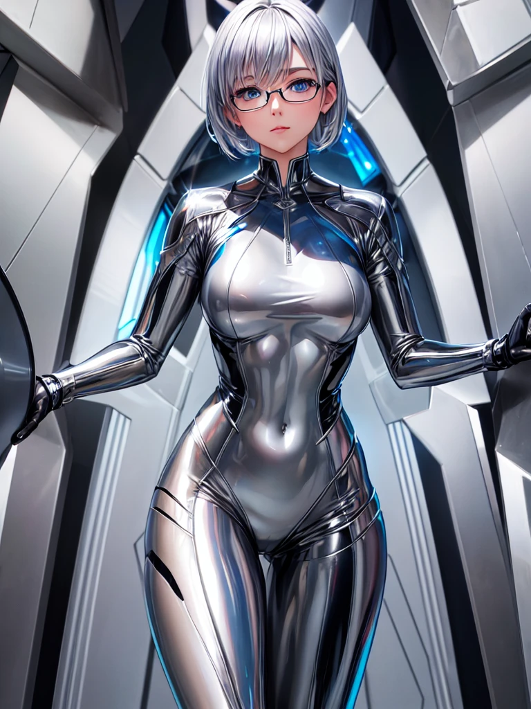 Highest quality 8K UHD、Mastepiece、Close-up、short hair、Blue Eyes、Open legs、Silver Hair、Glasses、A beautiful woman wearing a sleek silver metallic suit、Full body silver metallic rubber suit