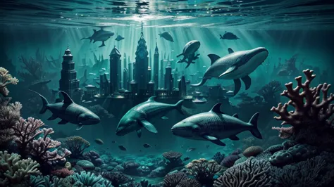 "a high-resolution, realistic, fantastical, and serene deep-sea city scene viewed from the ocean floor looking up towards the wa...