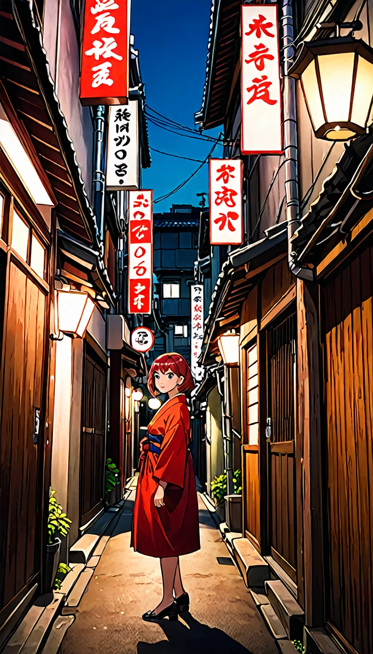 a woman standing on a narrow street in a city with buildings, in a tokyo street, by Eizan Kikukawa, in the streets of tokyo, standing in an alleyway, by Torii Kiyomoto, by Kamagurka, by Tobias Stimmer, in narrow tokyo alleyway, shot in canon 50mm f/1.2
