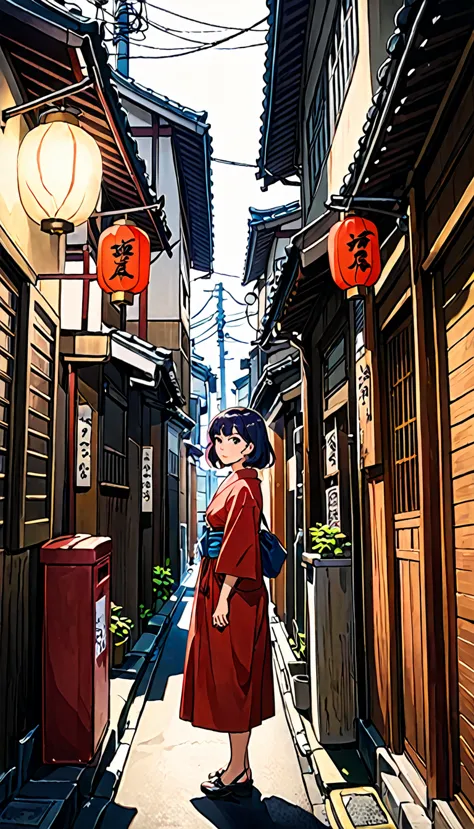 a woman standing on a narrow street in a city with buildings, in a tokyo street, by eizan kikukawa, in the streets of tokyo, sta...