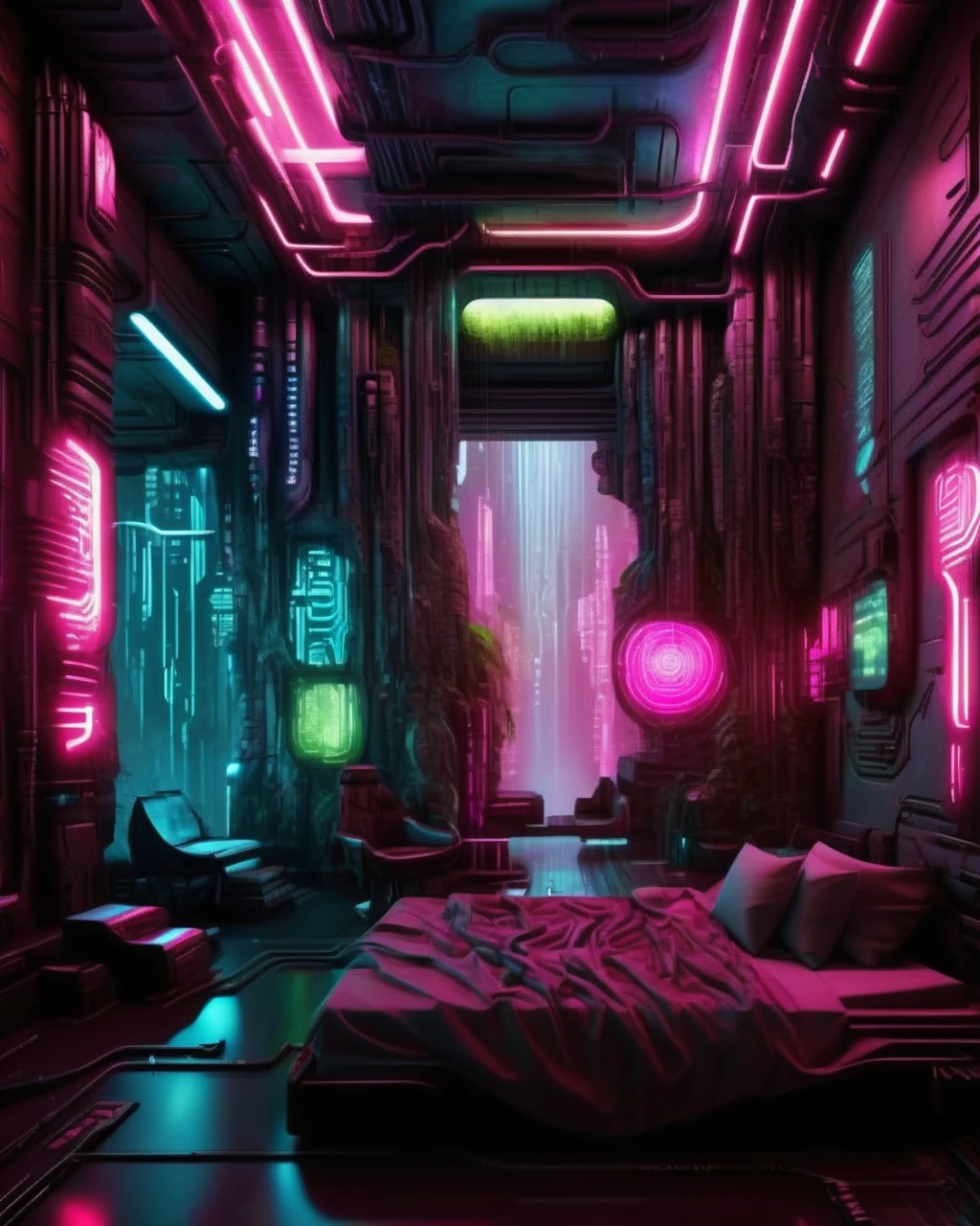 (Cyberpunk interior design ), Cybernetic Waterfall, Linked data and shiny code, Symbolizing the fusion of man and machine. , Cyberpunk-style environment 