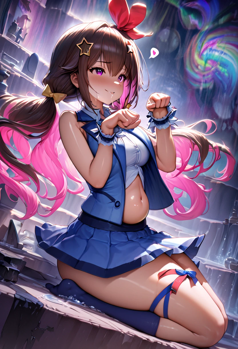 Sorabase, Long Hair, Star hair ornament, Hair Ribbon, , Blue Vest, Sleeveless shirt, Red ribbon, belly button, Wrist cuff, Blue Skirt, Blue knee socks, Thigh ribbon, West Cape,(masterpiece),(Highest quality),(Super detailed),(Best illustrations),(Best Shadow),(Absurd),(Detailed Background),(so beautiful), 16K, 4K, (so beautiful), One person, alone, curby, , , fluorescent pink eyes, , , , Oculogyric crisis, low twintails, Perfect figure, heart-shaped pupils, , , paw pose, Arched back, , , orgasm, afterglow, erotic smile, , , , , , Sexy posture, dynamic pose, , cross-eyed, rolling eyes, , water eyes, , , , ,BDSM , saliva trail, , shiny skin, Taking illegal drugs, , torogao, ahegao, BREAK, , Dramatic lighting, Psychedelic Background, Clear liquid, , night, , Hypnosis assignment, Torrent of Light, mysterious, spoken hearts,