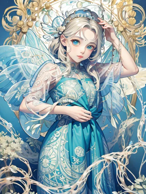 A fairy wearing a sea-patterned dress, Water&#39;s Edge, Sparkling, colorful, delicate
