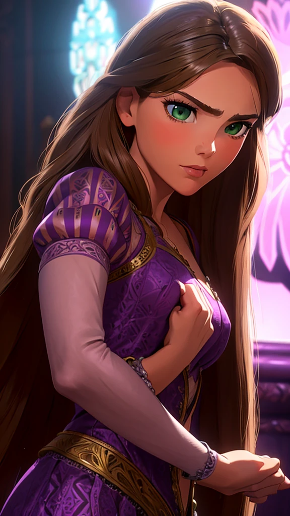 beautiful woman, long brown hair, green eyes, tight purple dress, small round breasts, seductive pose, detailed facial features, photorealistic, hyper detailed, dramatic lighting, vibrant colors, intricate patterns, fantasy art style, masterpiece