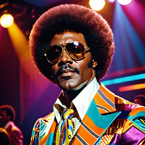 A closeup photo of Luther Diamond, a fictional 1970s R&B superstar. Luther has a stylish afro hairstyle, large aviator sunglasse...