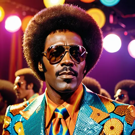 A closeup photo of Luther Diamond, a fictional 1970s R&B superstar. Luther has a stylish afro hairstyle, large aviator sunglasse...