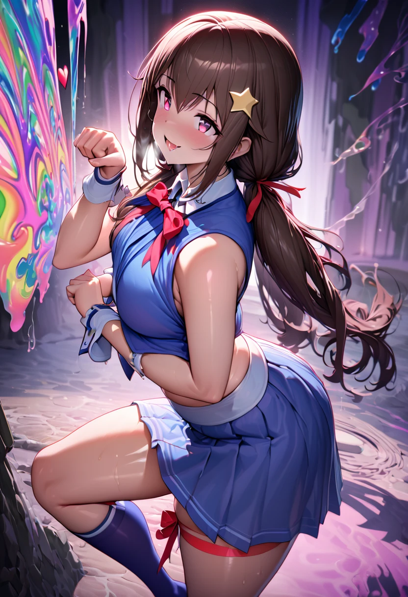 Sorabase, Long Hair, Star hair ornament, Hair Ribbon, , Blue Vest, Sleeveless shirt, Red ribbon, belly button, Wrist cuff, Blue Skirt, Blue knee socks, Thigh ribbon, West Cape,(masterpiece),(Highest quality),(Super detailed),(Best illustrations),(Best Shadow),(Absurd),(Detailed Background),(so beautiful), 16K, 4K, (so beautiful), One person, alone, curvy, , , fluorescent pink eyes, , , , Oculogyric crisis, low twintails, Perfect figure, heart-shaped pupils, , , paw pose, Arched back, , , orgasm, afterglow, erotic smile, , , , , , Sexy posture, dynamic pose, , cross-eyed, rolling eyes, , water eyes, , , , ,BDSM , saliva trail, , shiny skin, Taking illegal drugs, , torogao, ahegao, BREAK, , Dramatic lighting, Psychedelic Background, Clear liquid, , night, , Hypnosis assignment, Torrent of Light, mysterious, spoken hearts,