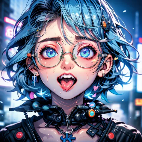 Highest quality、masterpiece、One girl、Neon Town、Round glasses、short hair、Ecstasy face、Big Breasts、Ahegao、Sweaty