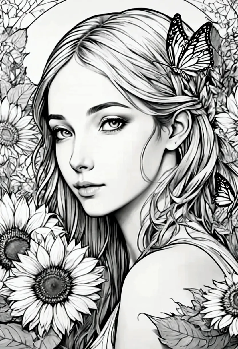 a delicate fairy with butterfly wings resting on a giant sunflower, clean line art, white background, colouring page, clean outl...