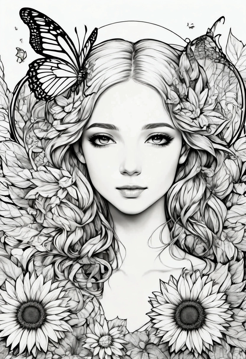 A delicate fairy with butterfly wings resting on a giant sunflower, clean line art, white background, colouring page, clean outline, sketch style, floral frame, decorative panel, abstract ,sketch, character lines and scenes without colors and shadows. (Masterpiece, Best Quality, Highres:1.4), Detailed, Intricate Details, 4K, color splashes, line art