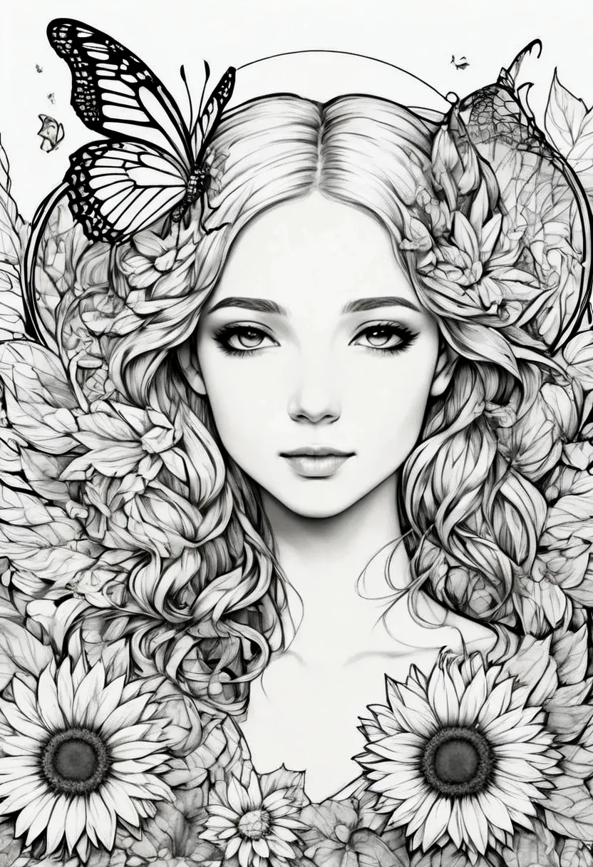 a delicate fairy with butterfly wings resting on a giant sunflower, clean line art, white background, colouring page, clean outl...