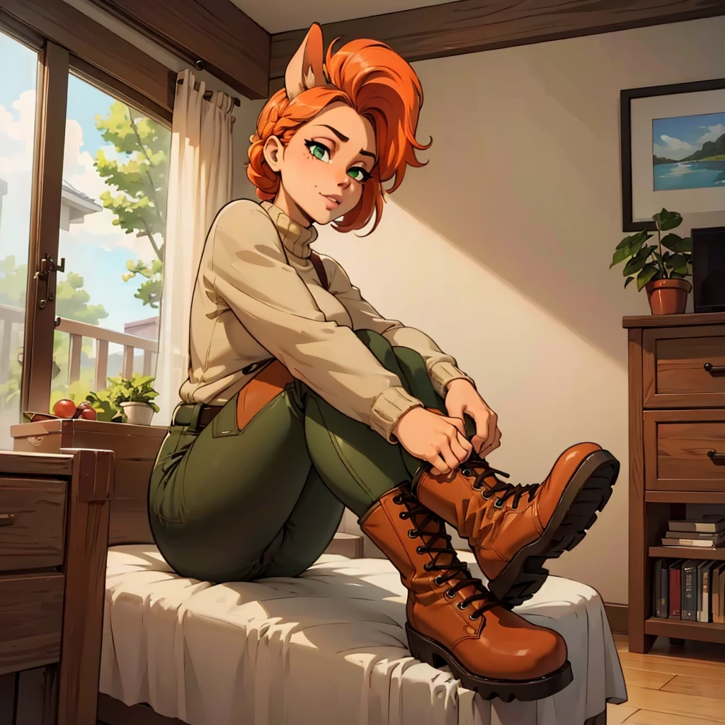 anthro bandicoot girl redhead, braided hair, beautiful green eyes, relaxing moment, sexy ,seductive, warm sweater, camouflage pants, army boots, , cozy lighting, vibrant colors , girl anthro , sweater, camouflage pants, army boots, hands to boots