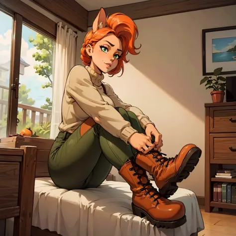 anthro bandicoot girl redhead, braided hair, beautiful green eyes, relaxing moment, sexy ,seductive, warm sweater, camouflage pa...