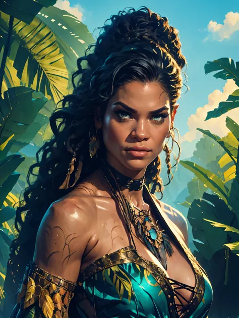 a female Tarzan based on Zendaya, highly detailed cinematic fantasy portrait, black outlining, full color illustration, in the s...