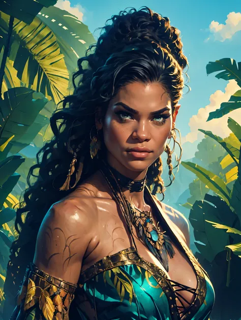 a female tarzan based on zendaya, highly detailed cinematic fantasy portrait, black outlining, full color illustration, in the s...