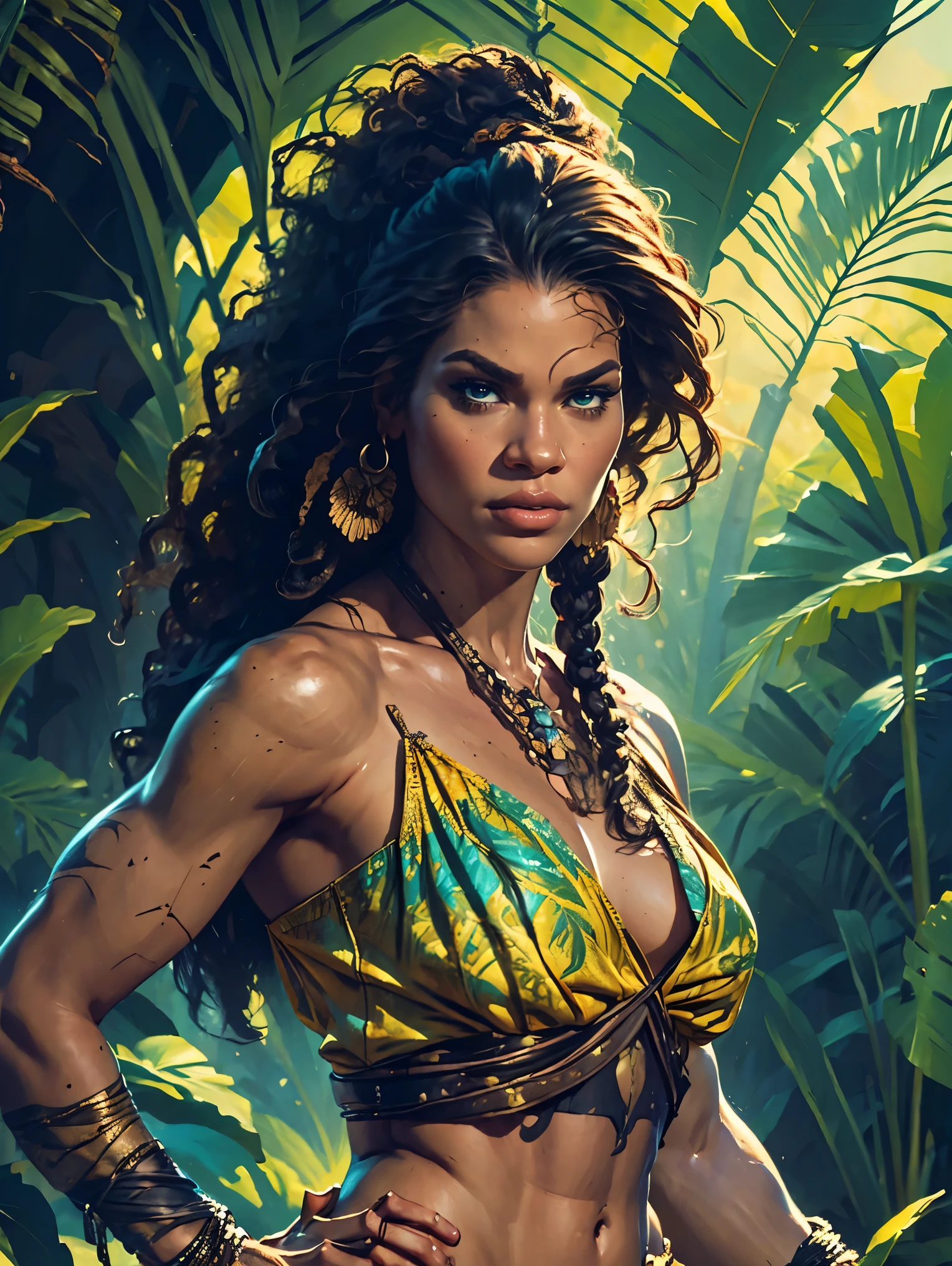 a female Tarzan based on Zendaya, highly detailed cinematic fantasy portrait, black outlining, full color illustration, in the style of BORIS VALLEJO & JULIE BELL, masterpiece, 8k, ultra-detailed, physically-based rendering, vivid colors, dramatic lighting, intricate background, sci-fi, photorealistic