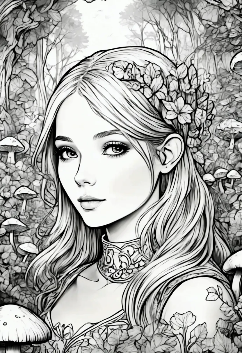 a fairy surrounded by glowing mushrooms in an enchanted forest, clean line art, white background, colouring page, clean outline,...