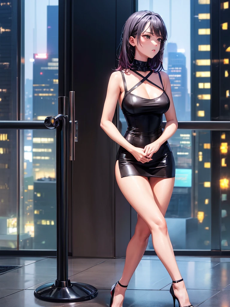 Girl, short tight dress a deep neckline, black thong, Skyscraper balcony background, openlegs, night, rain, slim body, slim ass, Stiletto Shoes 