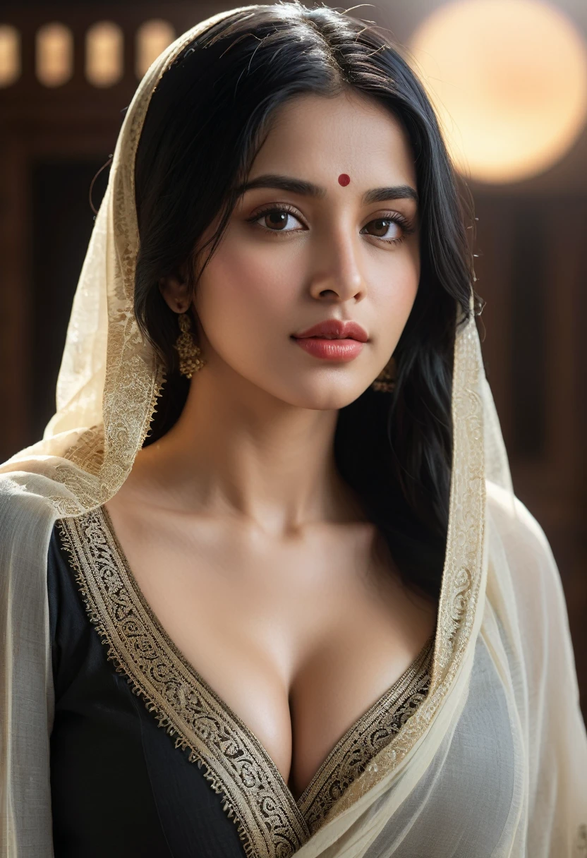 1 woman, Indian, light skin, plump lips, absolutely beautiful face, large breasts, cleavage, wide hips, simple traditional dress, translucent shawl, straight black hair, detailed skin, skin detail, (best quality,4k,8k,highres,masterpiece:1.2),ultra-detailed,(realistic,photorealistic,photo-realistic:1.37),dramatic lighting, full body shot,