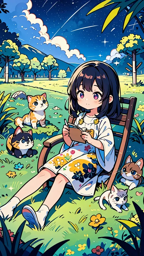 A summer night,There are stars in the sky. A little girl lying on a bamboo chair,There is also a cute kitten next to it. They si...