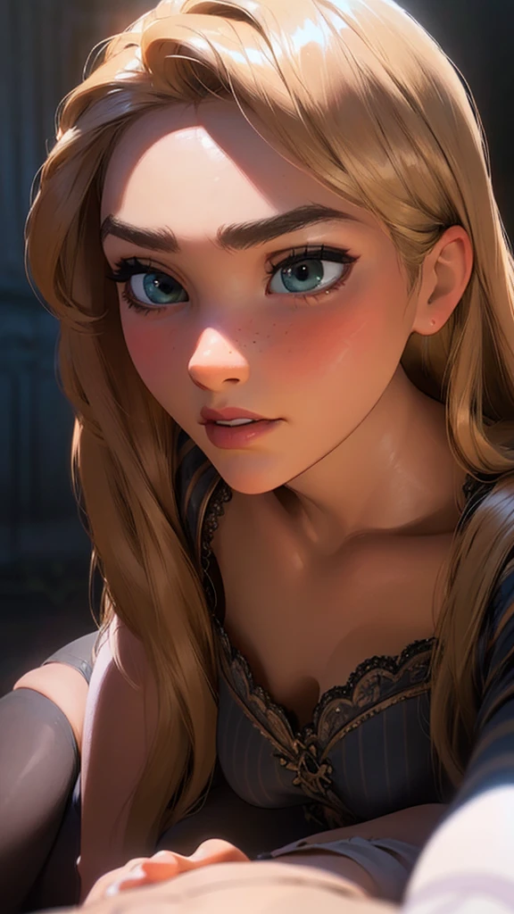 a beautiful woman with long blonde hair, extremely detailed eyes and face, detailed lips, detailed nose, detailed eyebrows, very detailed face, high quality, realistic, photorealistic, photo-realistic, realistic skin, extremely detailed, HDR, UHD, studio lighting, ultra-fine painting, sharp focus, physically-based rendering, extreme detail description, professional, vivid colors, bokeh, sexy, seductive expression, wearing black and white striped thigh high stockings, full body portrait, looking at camera, sensual pose, elegant, glamorous, dramatic lighting, cinematic, fantasy, fairytale, dreamlike, mystical