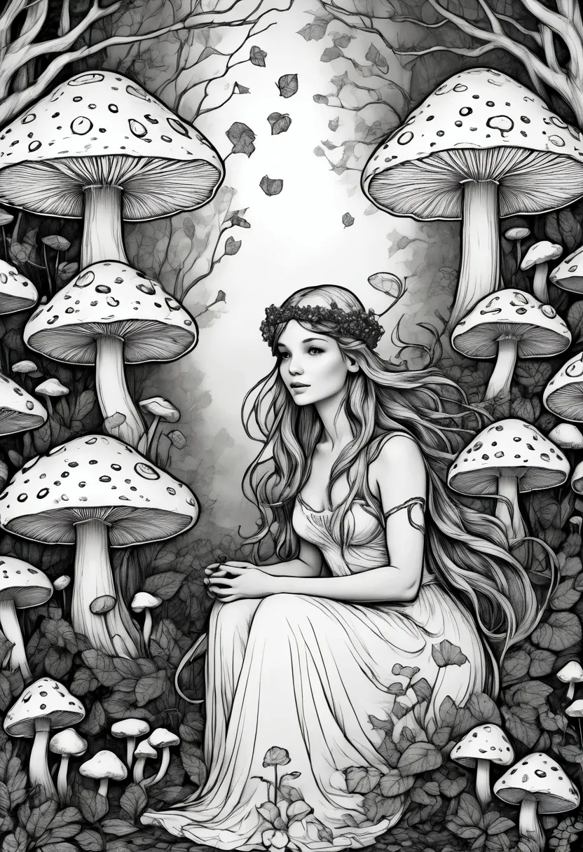 a fairy surrounded by glowing mushrooms in an enchanted forest, clean line art, white background, colouring page, clean outline