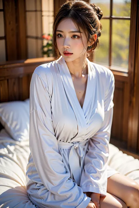 Great style、hairstyle semi long、２０Generation of women、Big Breasts、valley、bed、Bathrobes