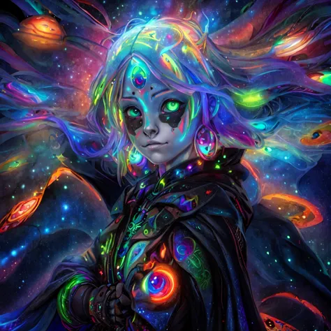 (a alien  dressed as a star, starburst illustration to a fantasy world, 5 year old , white hair, black multicolored hair, celest...