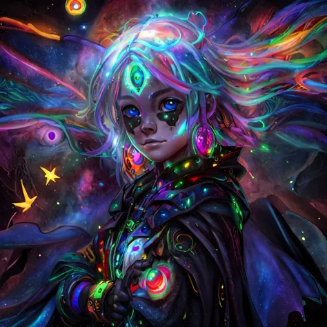 (A alien  dressed as a star, starburst illustration to a fantasy world, 5 year old , white hair, black multicolored hair, Celest...
