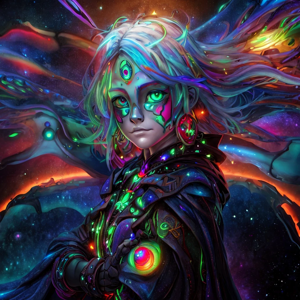 (A alien  dressed as a star, starburst illustration to a fantasy world, 5 year old , white hair, black multicolored hair, Celestial mystical Gaze, Profound Depth in pitch-black Eyes, Child's Face Dominating Frame, haunting pale white Complexion, Perfect Exposure, best quality, 4k, 8k, highres, masterpiece, ultra-detailed, zoga, green skin, robotic glows eyeball, black cape, black opal alien, psychedelic, cute illuminated, starry surreal, big-eyed, galactic, 3-dimensional animated, rendered)