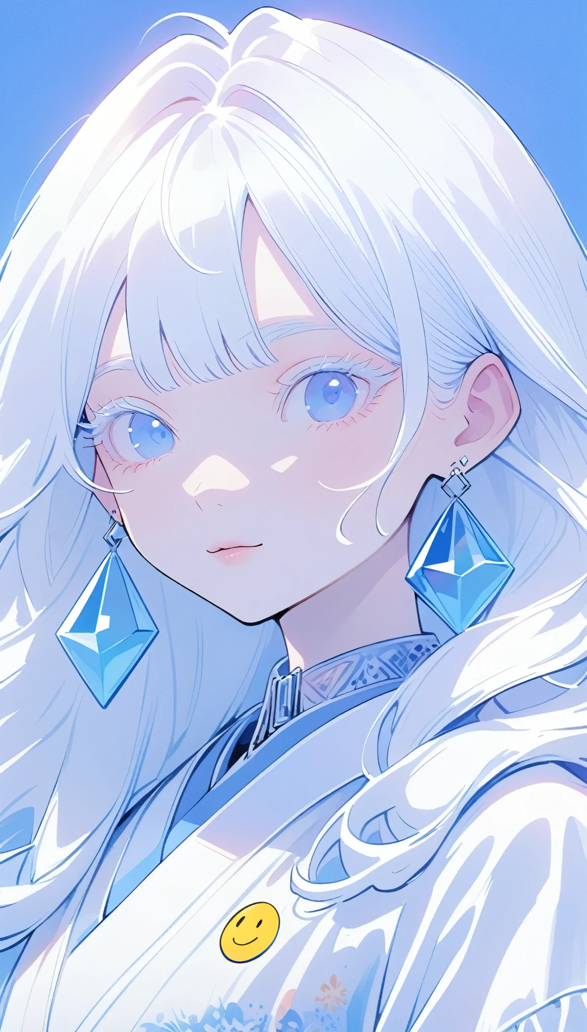 The Minimalists，Fashion Girl，White hair，Blue Background，Wearing special earrings，Bohemian style，Clear eyelashes，Bright blue eyes，Clean通透的眼珠，closure，Smiley face flat illustration，geometry，Clean，Japanese Manga