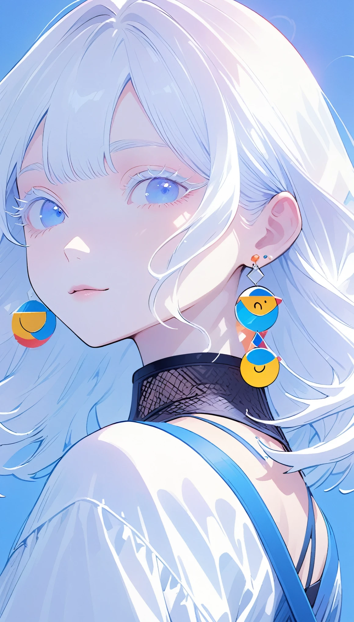 The Minimalists，Fashion Girl，White hair，Blue Background，Wearing special earrings，Bohemian style，Clear eyelashes，Bright blue eyes，Clean通透的眼珠，closure，Smiley face flat illustration，geometry，Clean，Japanese Manga