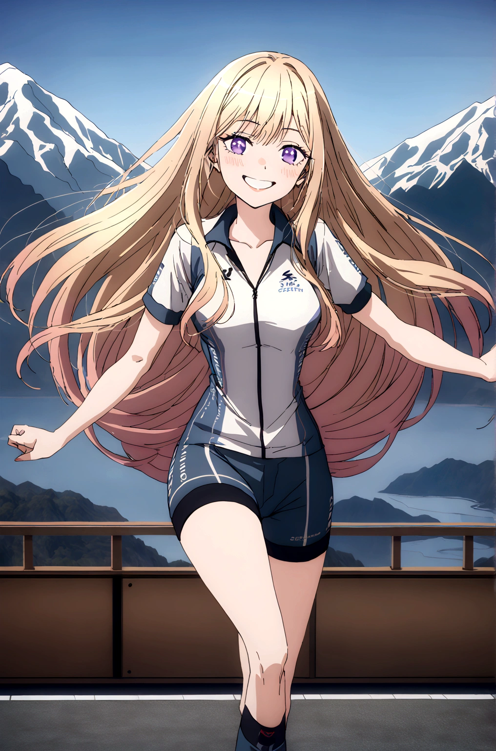 Create an image of a young woman with long, flowing blonde hair and captivating purple eyes. She is smiling warmly and has a light blush on her cheeks. She wear short sleeve cycling jersey. half cycling pants, outdoor, mountain road, blue sky, standing, exuding a friendly and approachable demeanor.