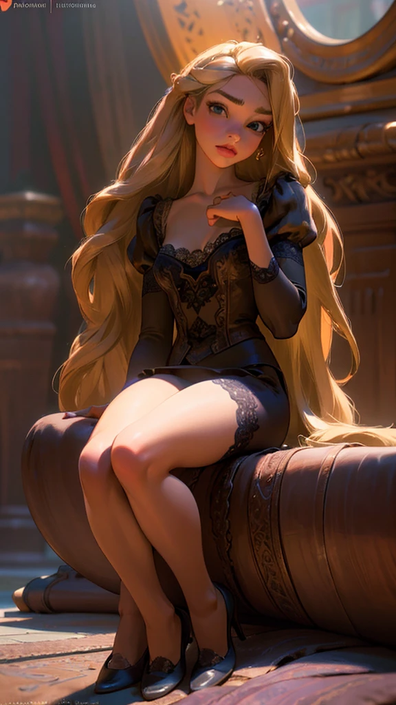 A beautiful Rapunzel with long flowing blonde hair, wearing black lace stockings, posing seductively in a sensual, oiled full-body portrait, (best quality,4k,8k,highres,masterpiece:1.2),ultra-detailed,(realistic,photorealistic,photo-realistic:1.37),detailed face, beautiful eyes, full lips, elegant expression, dramatic lighting, dark and moody color palette, cinematic composition , sexy detailed legs , horny 