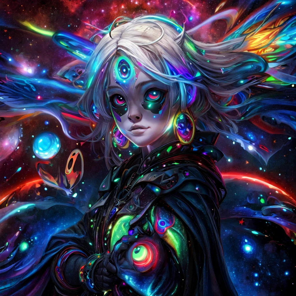 (A alien  dressed as a star, starburst illustration to a fantasy world, 5 year old , white hair, black multicolored hair, Celestial mystical Gaze, Profound Depth in pitch-black Eyes, Child's Face Dominating Frame, haunting pale white Complexion, Perfect Exposure, best quality, 4k, 8k, highres, masterpiece, ultra-detailed, zoga, green skin, robotic glows eyeball, black cape, black opal alien, psychedelic, cute illuminated, starry surreal, big-eyed, galactic, 3-dimensional animated, rendered)