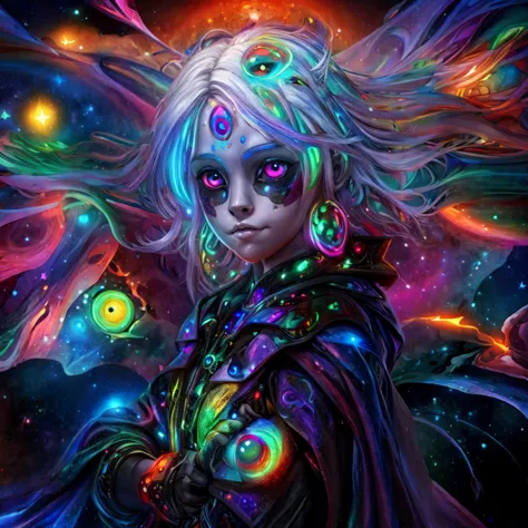 (a alien  dressed as a star, starburst illustration to a fantasy world, 5 year old , white hair, black multicolored hair, celest...