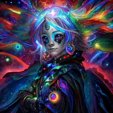 (a alien  dressed as a star, starburst illustration to a fantasy world, 5 year old , white hair, black multicolored hair, celest...