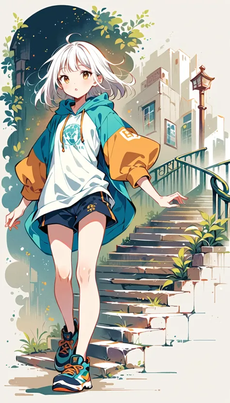 Fujichoco style, shorts, hooded t-shirt, white hair, full body, stairs, simple background，Simple line initialism, (((The Most Be...