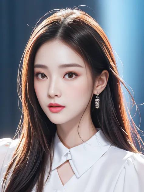 A long-haired woman wearing a white top and white blouse, Popular Korean makeup, inspired by Yanjun Cheng, Round Face, WAN cute ...