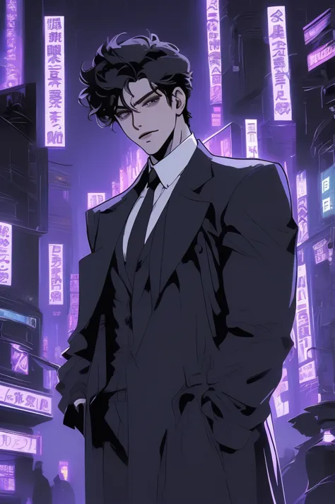 anime man in the night city, attractive man with сиреневые глаза while squinting, adult man, black hair, black loose shirt, (((n...