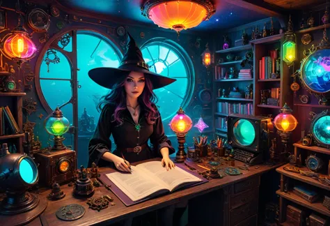 ((dawn)), seabed, Magic Cauldron, wood, absurd detailed, board, (Desktop witch magic:2), cockpit, Flight Instruments, Communicat...