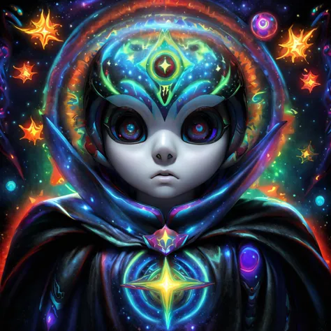 (A alien  dressed as a star, starburst illustration to a fantasy world, 5 year old , white hair, black multicolored hair, Celest...