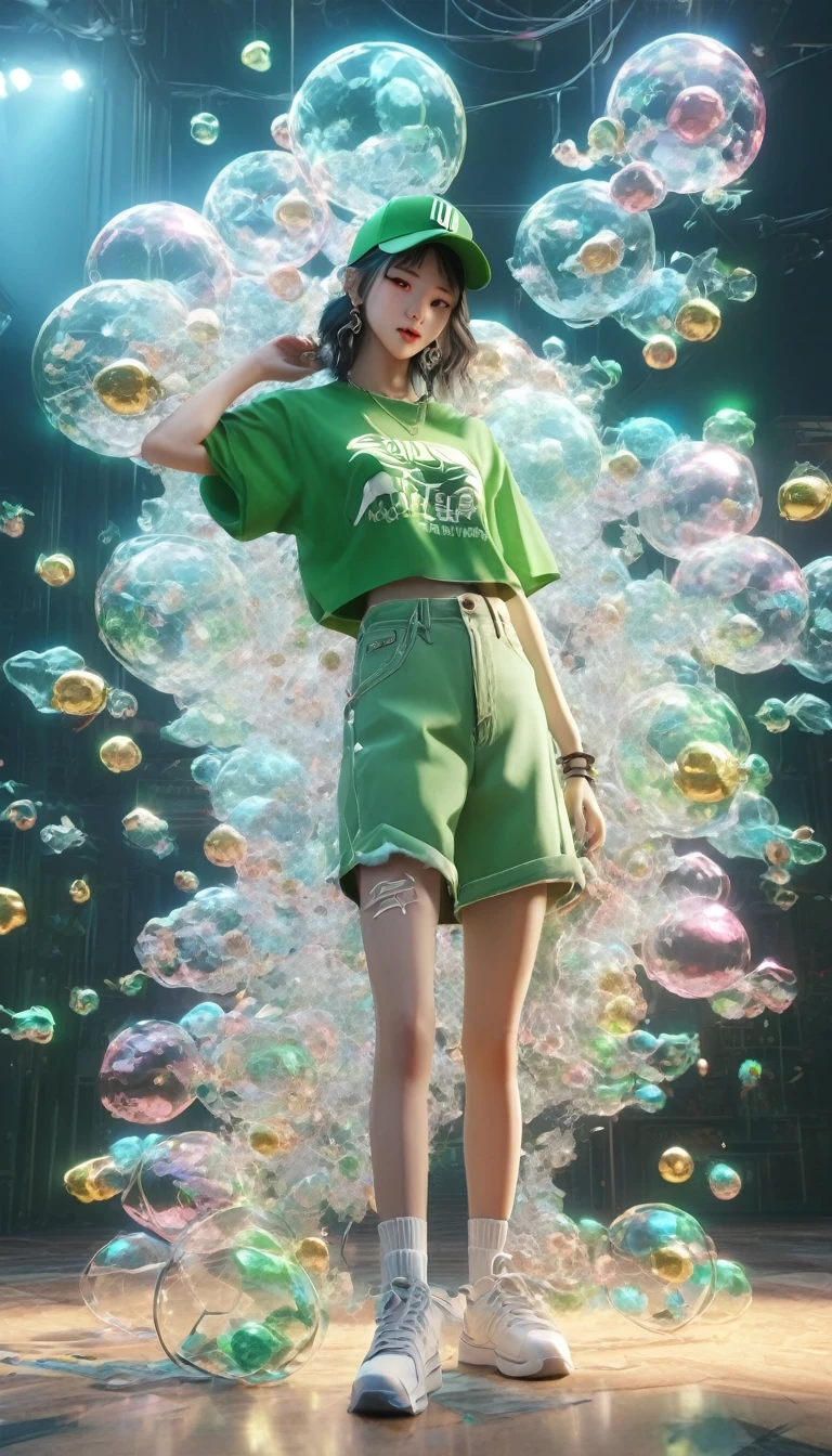 (Transparent Hip Hop Girl：0.65), （Hip-hop costumes：0.65），透明Light线追踪，crazy hip hop style，Baseball cap，Blue denim ripped jeans。Green T-shirt，Surreal, Visual exaggeration, Nano punk,Atomic Punch, gather ,Circuit,Light,♒︎,Pisces, ♓︎,Unreal Engine,Octane Rendering,V-Ray,High Detail ,Super quality,high resolution,Surrealism,16K,Ultra wide angle,satellite view,生物发Light,