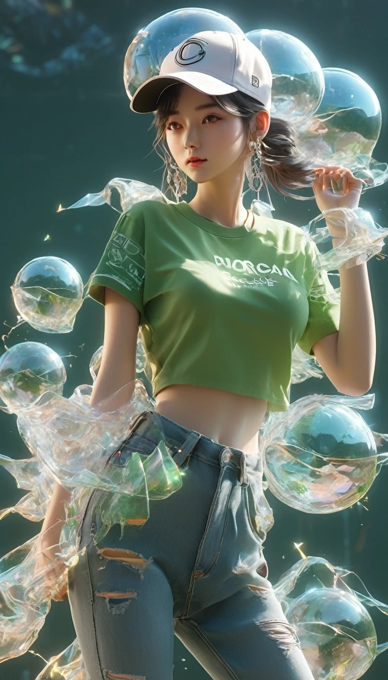 (Transparent Hip Hop Girl：0.65), （Hip-hop costumes：0.65），Transparent Light Line Tracing，crazy hip hop style，baseball cap，Blue denim ripped jeans。Green T-shirt，surreal, Visual exaggeration, Nano punk,Atomic Punch, gather ,circuit,Light,♒︎,Pisces, ♓︎,Unreal Engine,Octane Rendering,V-Ray,High Detail ,Super quality,high resolution,surrealism,16K,Ultra wide angle,satellite view,Bio-Light,
