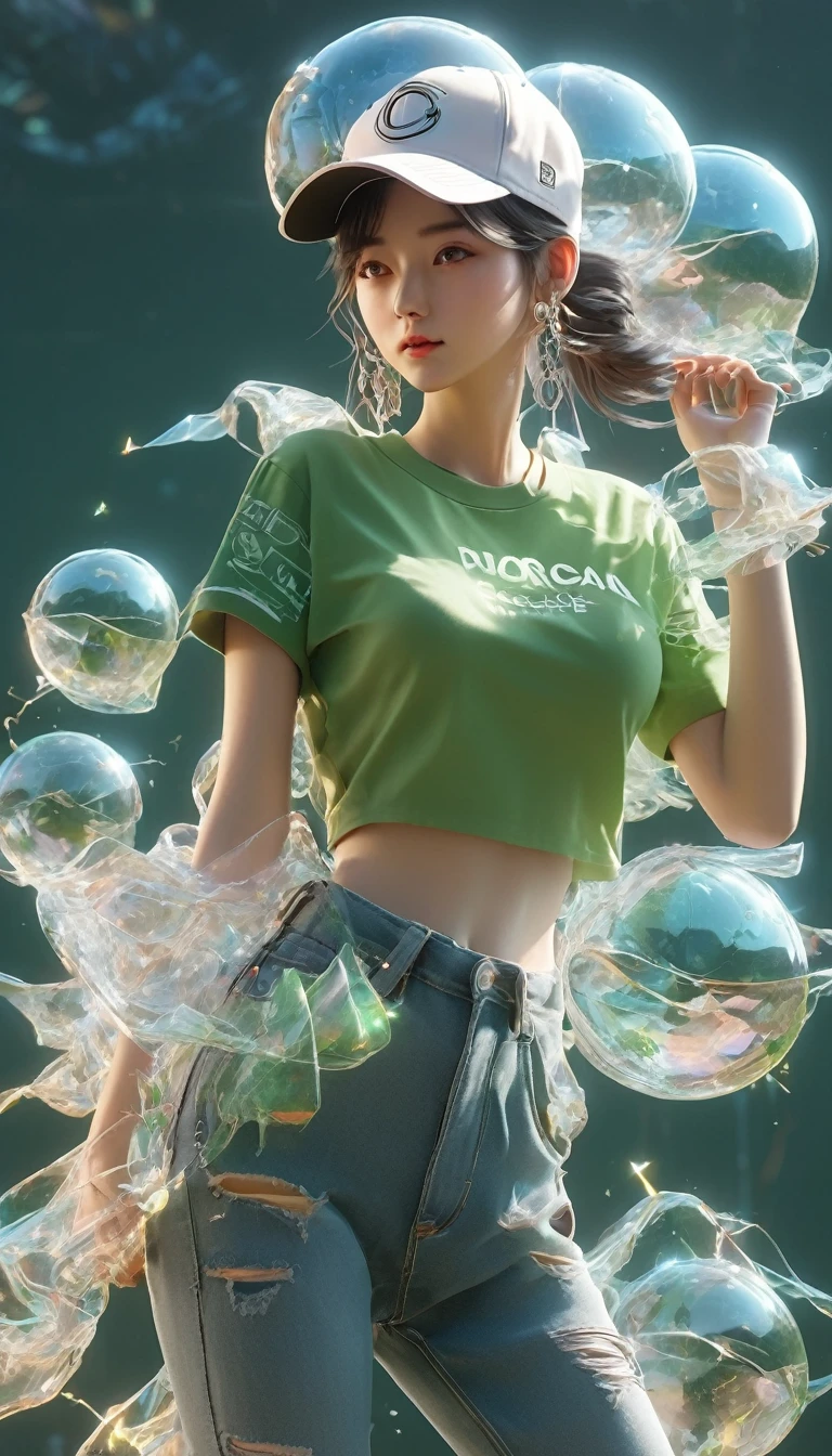 (Chica de hip hop transparente：0.65), （disfraces de hip hop：0.65），透明luz线追踪，estilo loco de hip hop，Baseball cap，jeans rotos de mezclilla azul。camiseta verde，Surreal, Exageración visual, nano punk,Atomic Punch, recolectar ,circuito,luz,♒︎,Piscis, ♓︎,Motor irreal,renderizado de octanaje,Rayos V,Alto detalle ,Súper calidad,Alta resolución,Surrealism,16k,Ultra gran angular,vista satelital,生物发luz,