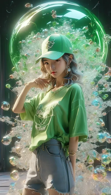 (transparent hip hop girl：0.65), （hip-hop costumes：0.65），透明light线追踪，crazy hip hop style，baseball cap，blue denim ripped jeans。gre...